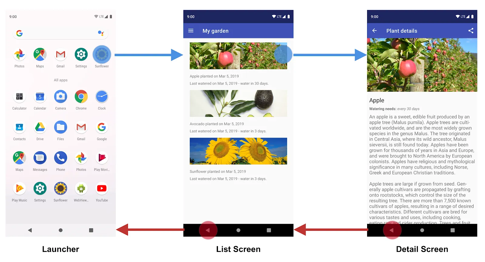 The Sunflower app has a particular screen fixed as its start destination.